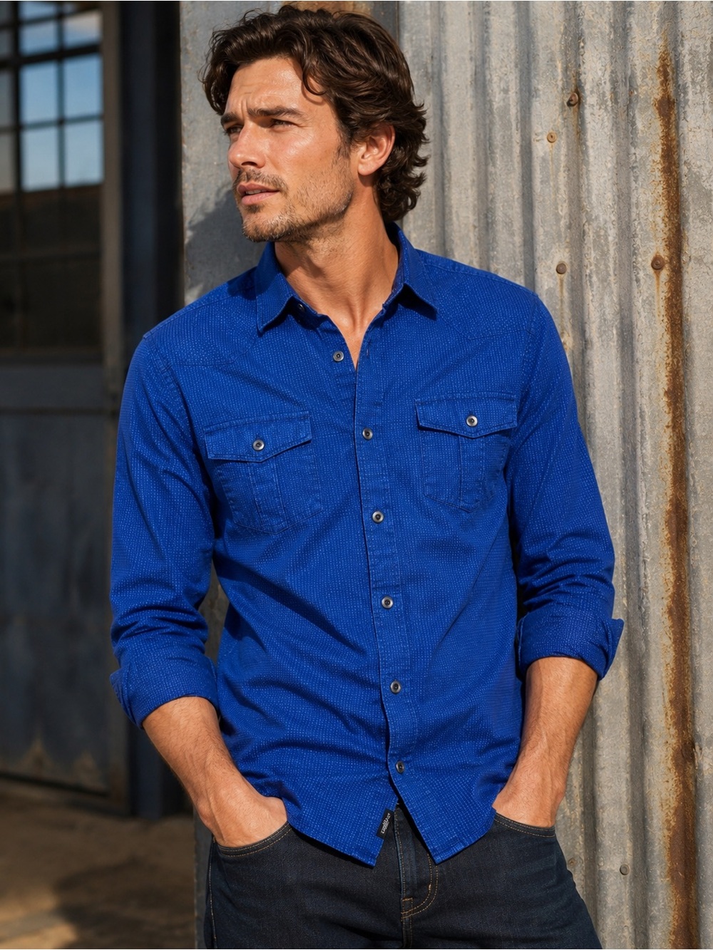 Rock & Republic Mens Blue Western Button Down Shirt Medium Utility Cotton